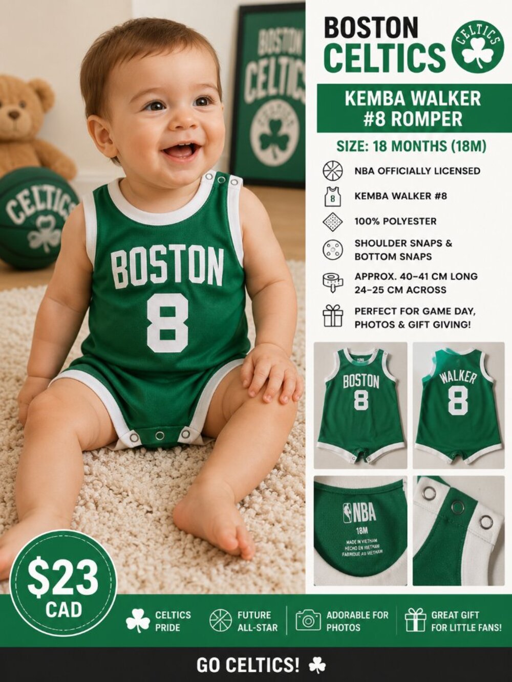 🏀 Boston Celtics Kemba Walker #8 Baby Romper – 18M